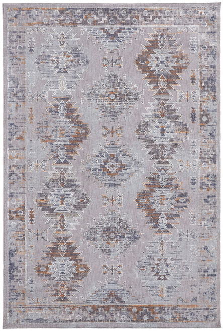 8' X 10' Gray Orange And Blue Geometric Power Loom Distressed Stain Resistant Area Rug