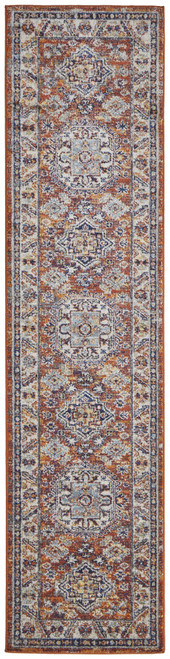 8' Ivory Blue and Orange Medallion Runner Rug