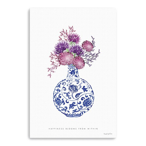 Homeroots Home Decor 48"x32" Blue and White Happiness Floral Vase Canvas Wall Art