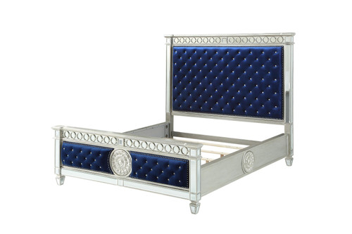 68" X 90" X 72" Blue Velvet Wood Mirror Upholstered (HB/FB) Queen Bed
