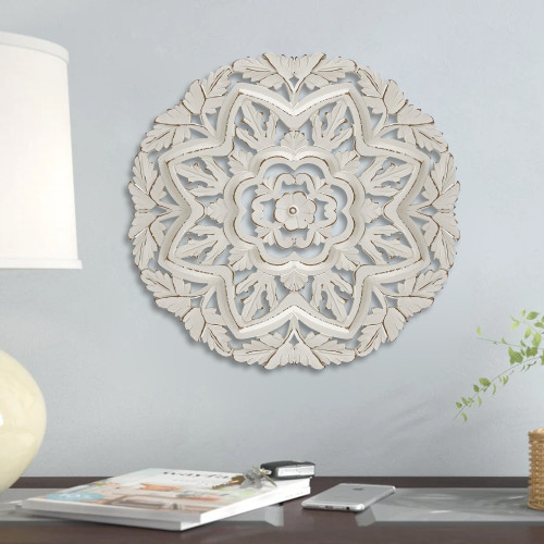 24" Rustic Ivory Hand Carved Floral Scroll Round Wall Decor