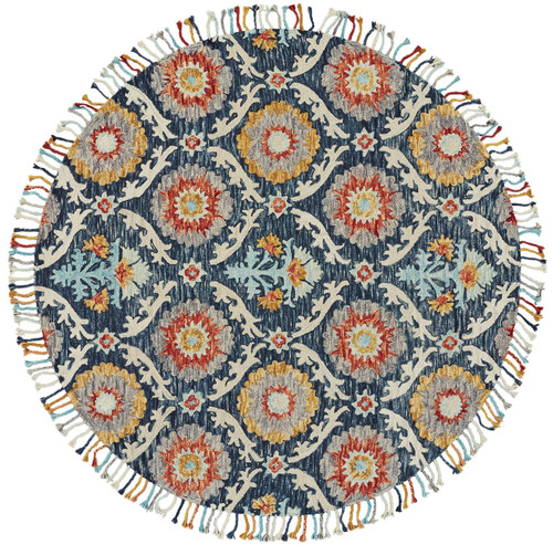8' Blue Yellow And Orange Round Wool Paisley Tufted Handmade Stain Resistant Area Rug With Fringe