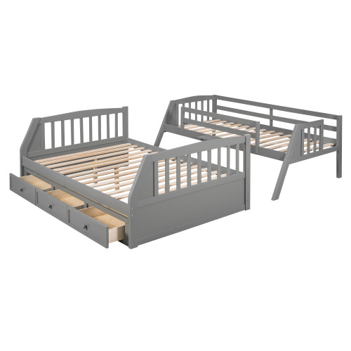 Gray Twin Over Full Wood Bunk Bed With Stairs And Drawers And Storage