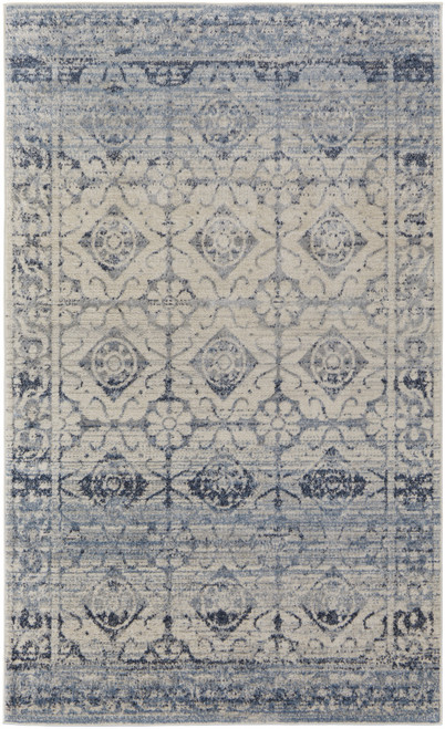 5' X 8' Blue And Ivory Power Loom Distressed Area Rug