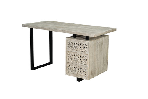 54" White and Black Solid Wood and Metal Carved Floral Desk With Three Drawers