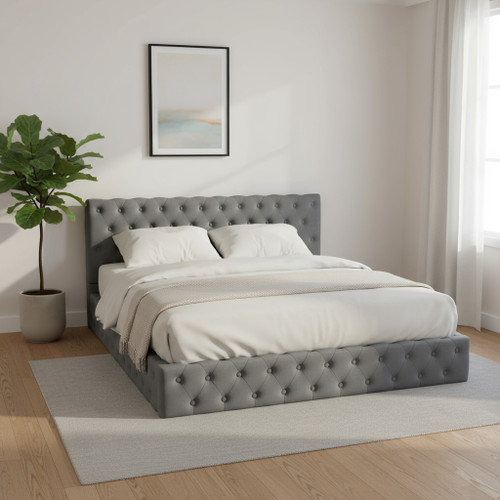 Gray Tufted Velvet Upholstered Queen Bed Frame