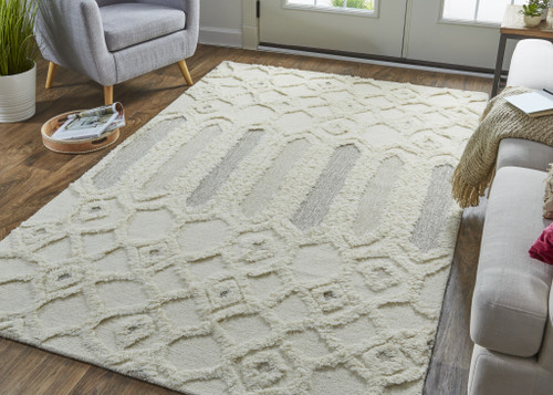 12' X 15' Ivory Taupe And Tan Wool Geometric Tufted Handmade Area Rug