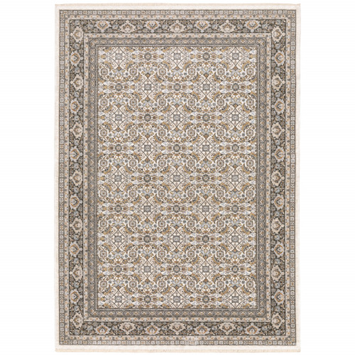 3' X 5' Ivory And Grey Oriental Power Loom Stain Resistant Area Rug With Fringe Polyester