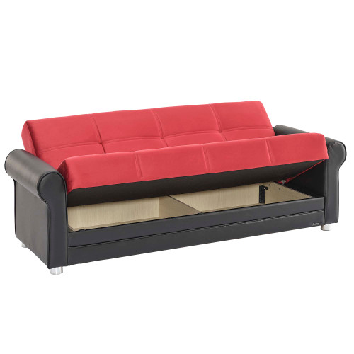 89" Black And Burgundy Faux Leather And Velvet Convertible Futon Sleeper Sofa With Toss Pillows And Storage
