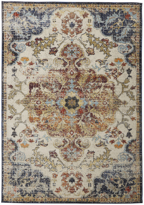8' X 11' Ivory Gold And Blue Floral Stain Resistant Area Rug