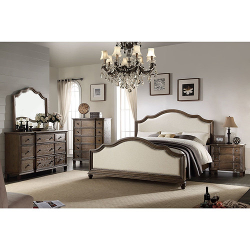 92" X 82" X 59" Beige Linen And Weathered Oak California King Bed