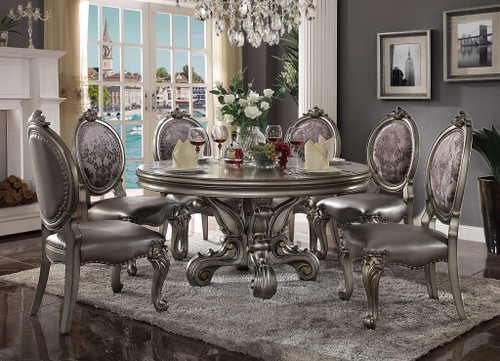 60" X 60" X 30" Antique Platinum Wood Poly Resin Dining Table (Round Pedestal)