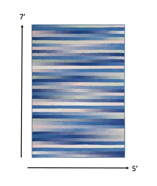 5' X 7' Blue And White Striped Distressed Area Rug