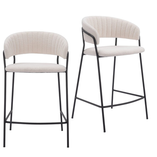 Set of Two 26" Cream and Black Faux Shearling and Steel Low Back Counter Height Bar Chairs