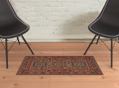 2' X 3' Blue and Red Oriental Power Loom Area Rug