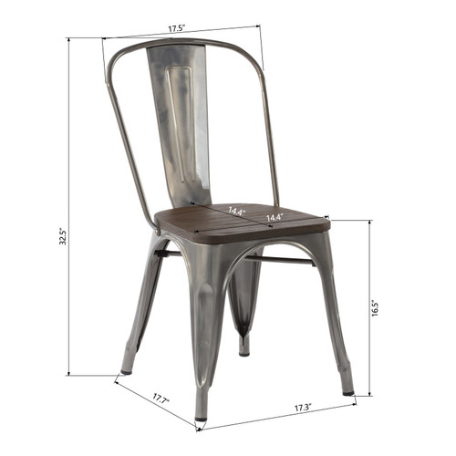Set Of Four Silver and Brown Wood and Metal Slat Back Dining Chairs