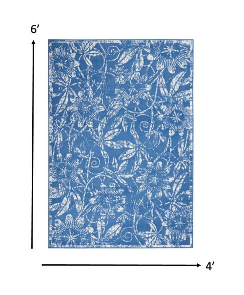 4' X 6' Blue And Ivory Floral Vines Distressed Area Rug