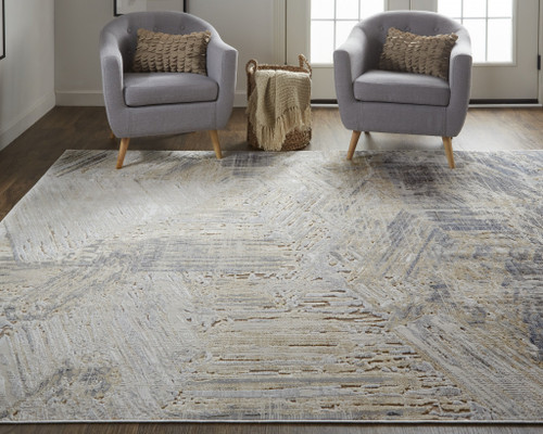 2' X 3' Ivory Gray And Tan Abstract Distressed Area Rug Polyester