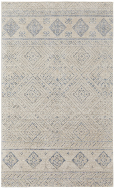 5' X 8' Ivory And Blue Geometric Power Loom Distressed Area Rug
