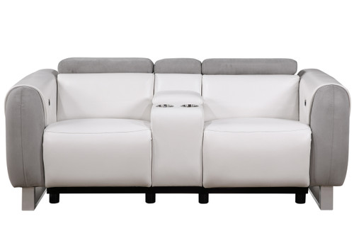 77" Gray White And Silver Faux Leather and Microfiber Power Reclining Loveseat With Storage