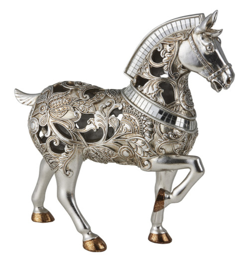 11" Silver and Gold with Mirror Polyresin Trojan Horse Statue Sculpture