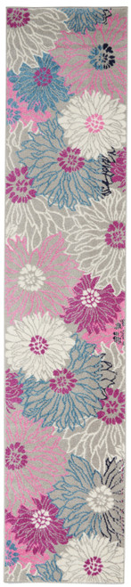 10' Gray And Pink Floral Runner Rug