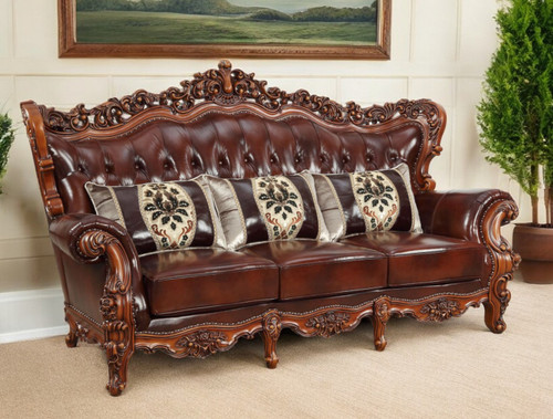 92" Brown Faux Leather Sofa And Toss Pillows
