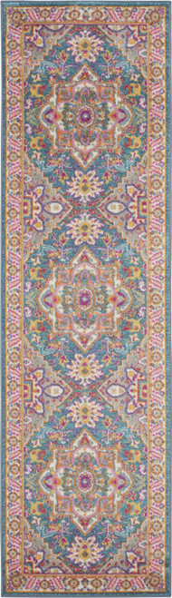 6' Teal And Ivory Medallion Distressed Runner Rug