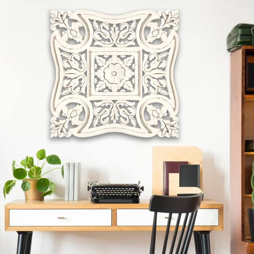 24" Rustic Ivory Hand Carved Floral Scroll Wall Decor