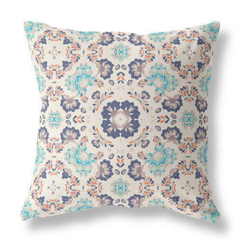 28" X 28" Off White And Blue Broadcloth Floral Throw Pillow