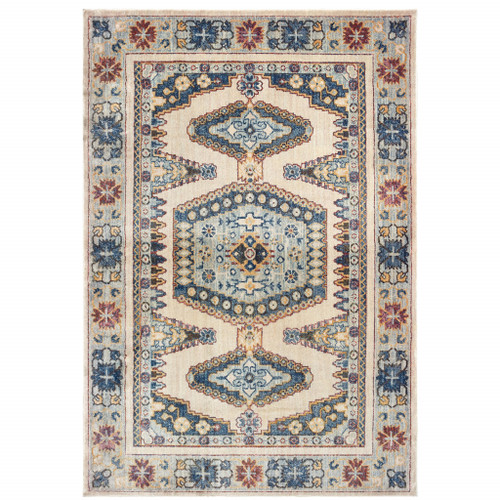 5' X 8' Ivory And Blue Oriental Power Loom Stain Resistant Area Rug