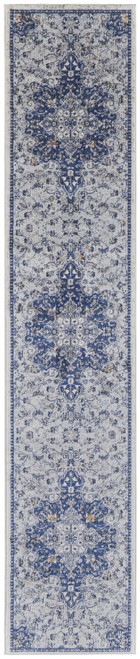 10' Gray Ivory And Blue Floral Power Loom Distressed Stain Resistant Runner Rug