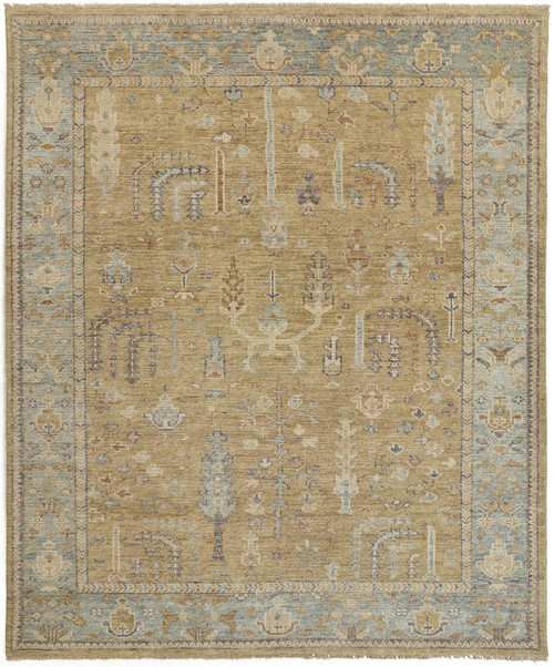 9' X 12' Gold Blue And Gray Wool Floral Hand Knotted Stain Resistant Area Rug With Fringe