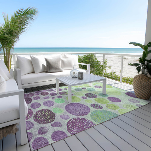3' X 5' Purple And Lime Green Geometric Washable Indoor Outdoor Area Rug