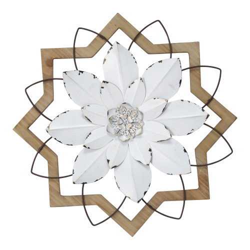 Metal White Flower &amp;amp; Wood Frame Wall Art