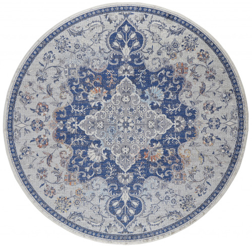 8' Gray Ivory And Blue Round Floral Power Loom Distressed Stain Resistant Area Rug