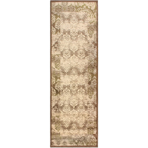 8' Beige And Brown Damask Distressed Runner Rug Polypropylene