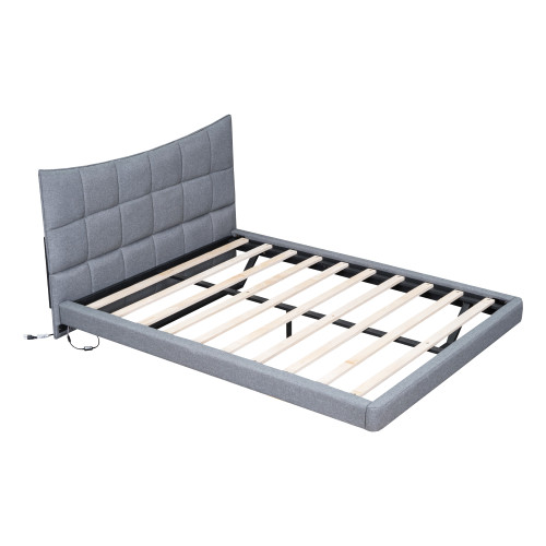 Gray Tufted Upholstered Full Bed Frame With LED Lighting And USB