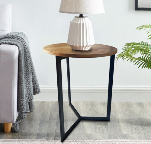 22" Natrual Wood and Black Geo Triangle Round End Table