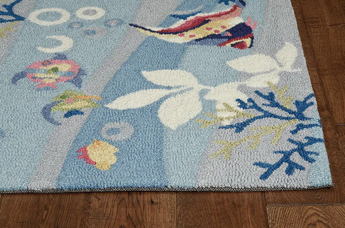 5'X8' Blue Hand Hooked Marine Life Indoor Area Rug