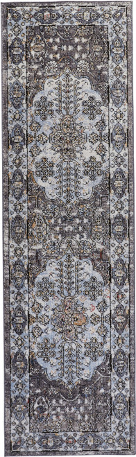 8' Gray Blue And Gold Floral Stain Resistant Runner Rug