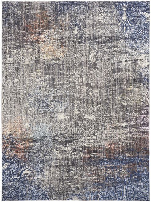7' X 10' Taupe Blue And Ivory Abstract Power Loom Distressed Stain Resistant Area Rug