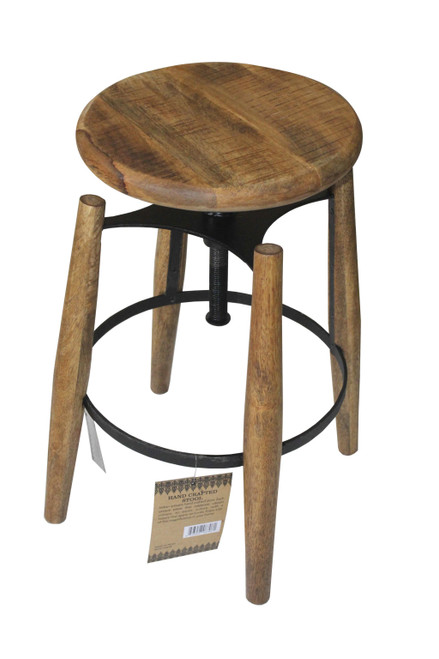 27" Natural Brown and Black Round Solid Wood and Metal Adjustable Stool