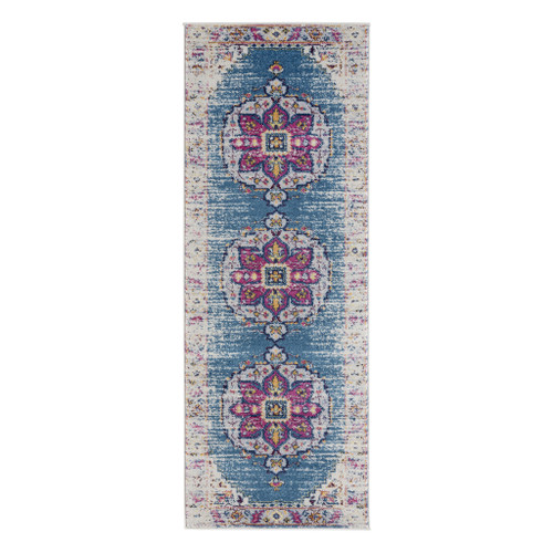 7' Blue and Pink Medallion Power Loom Runner Rug