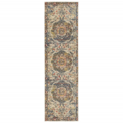 2’x8’ Ivory Distressed Medallion Runner Rug