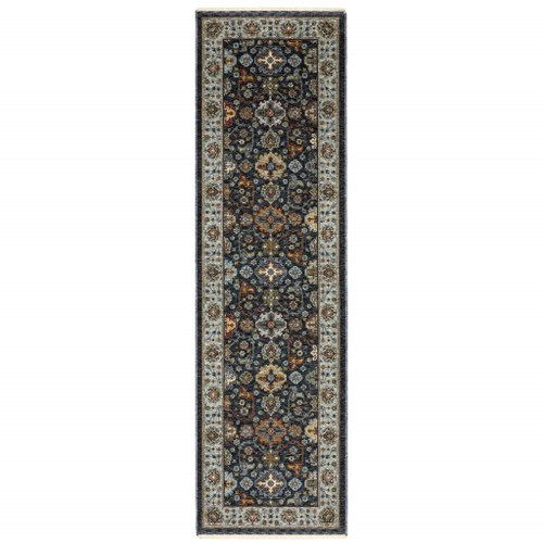 2' X 8' Blue Red Beige Yellow Grey Rust And Gold Oriental Power Loom Stain Resistant Runner Rug With Fringe