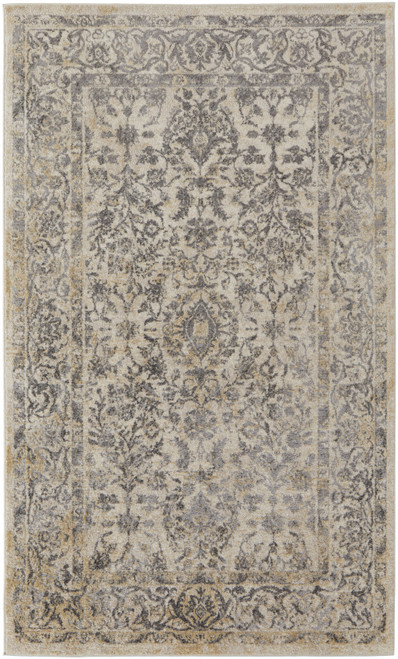 5' X 8' Gray And Ivory Floral Power Loom Distressed Area Rug