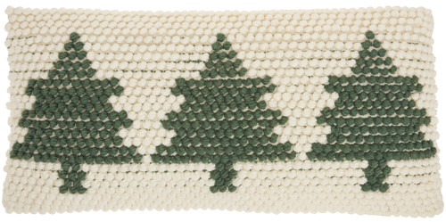 12" X 24" Green And Ivory Zippered Handmade Polyester Christmas Trees Throw Pillow
