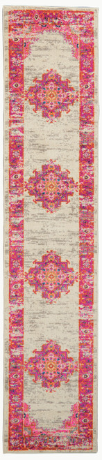 8' Ivory And Fuchsia Oriental Distressed Runner Rug