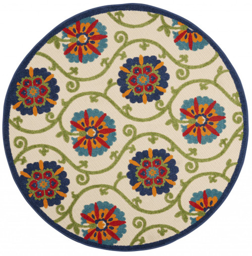 4' Ivory And Blue Round Indoor Outdoor Area Rug - Ivory, Blue